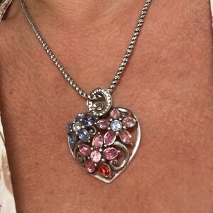Brighton Garden of Dreams Heart Pendant Necklace Pink Blue Crystals Flowers 18"